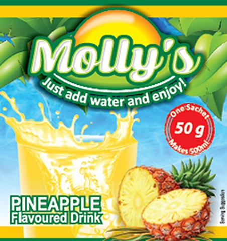 Molly's Pineapple flavoured drink 50 g sachet artwork