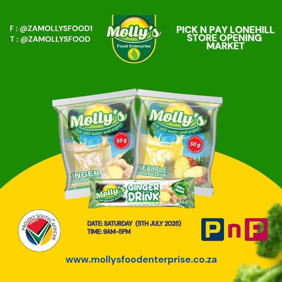 Poster for Molly's in-store launch market at Pick n Pay Lonehill, 5 July 2025