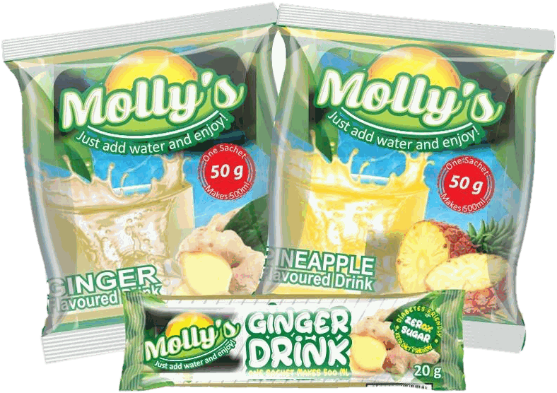 Molly's Ginger 50 g and Pineapple 50 g sachets with a Ginger Zero Sugar stick